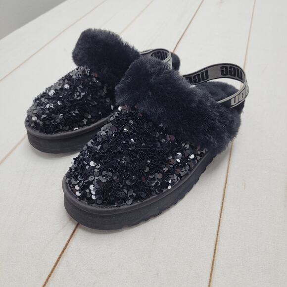 Ugg Funkette black sequin logo slippers clogs lined chunky - Picture 1 of 9